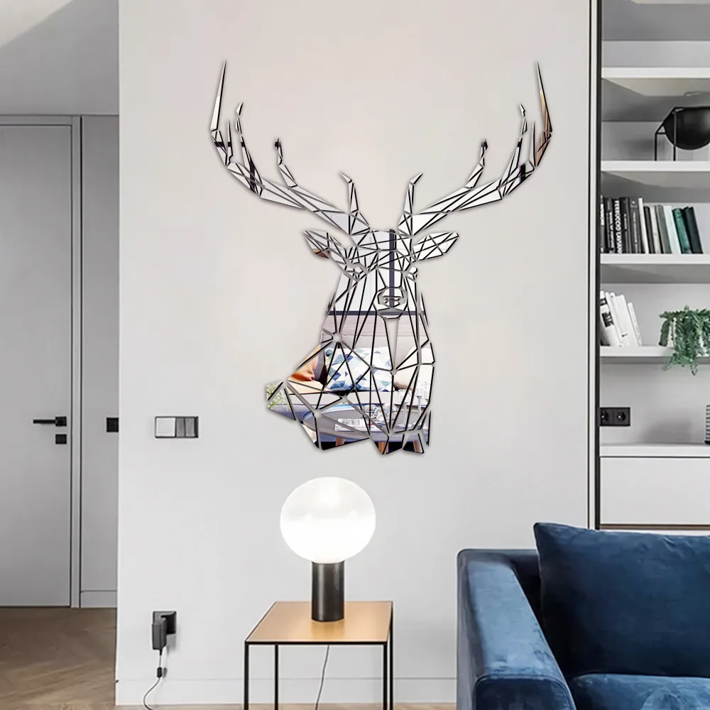 Acrylic Mirror Deer Head Wall Sticker 3D Geometric Animal Design Self-Adhesive Wall Decor for Living Room Home Renovation