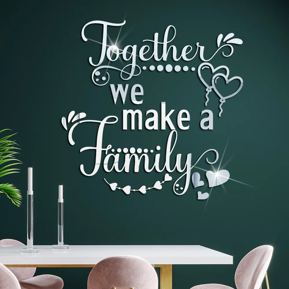 Adhesivo de Pared de Espejo Acrílico Frase Together We Make A Family Corazón Autoadhesivo Decoración del Hogar Sala