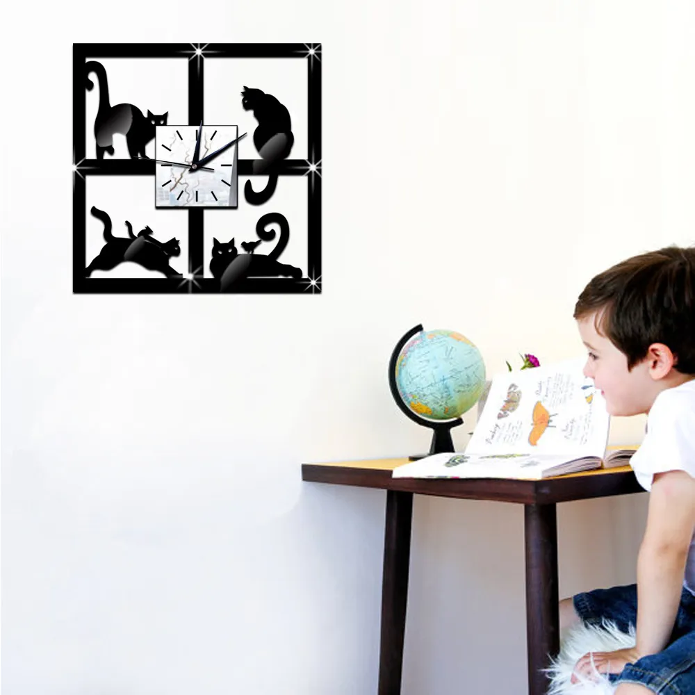 Creative DIY Acrylic Mirror Wall Clock Cat Silhouette Photo Frame Wall Sticker Modern Minimalist Home Decor