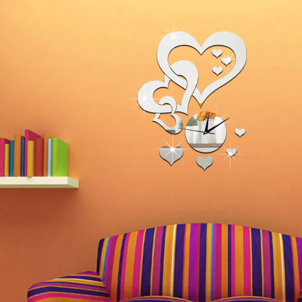 Creative Heart Wall Clock Acrylic Mirror DIY Wall Sticker Clock Silent Quartz Clock For Living Room Bedroom Home Decor