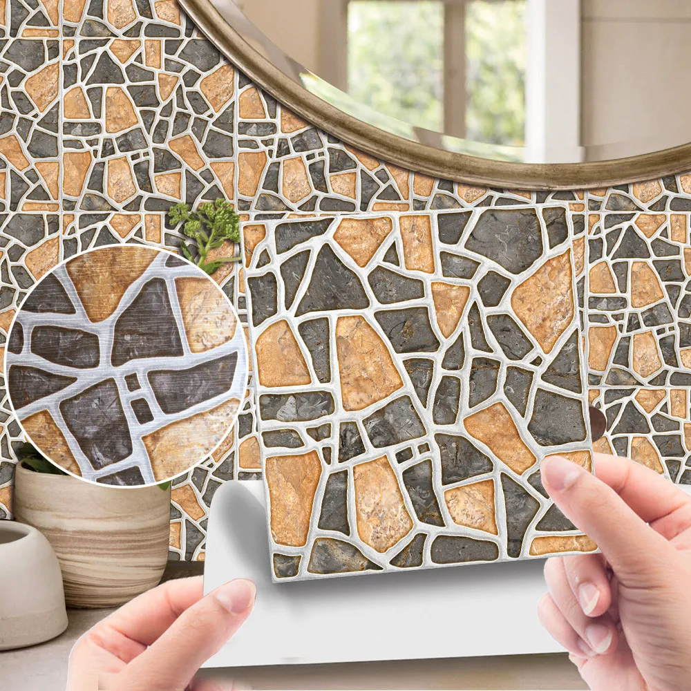 Vintage Wood Grain Stone Mosaic Tile Stickers Waterproof Removable Self Adhesive Wall Stickers For Home Decor Living Room Bathroom