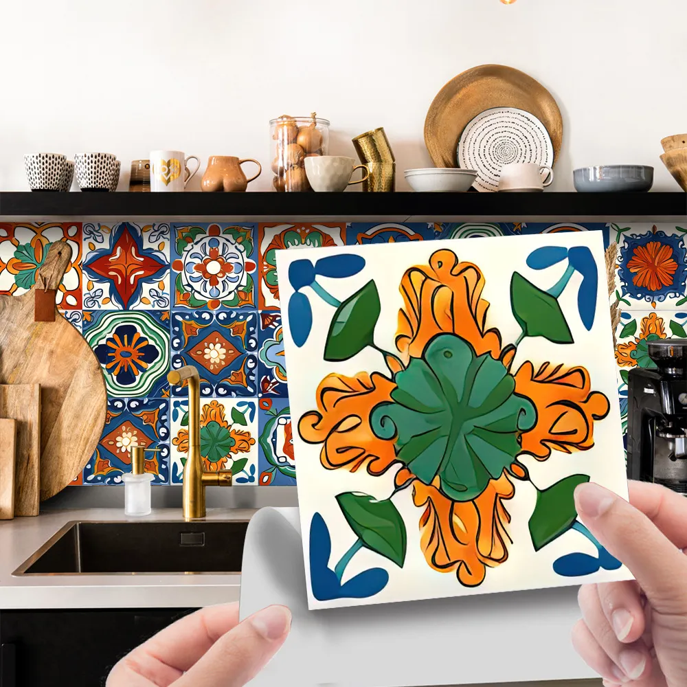 Colorful Retro Mosaic Tile Stickers Waterproof PVC Self-Adhesive Wall Stickers For Kitchen Living Room Home Decor