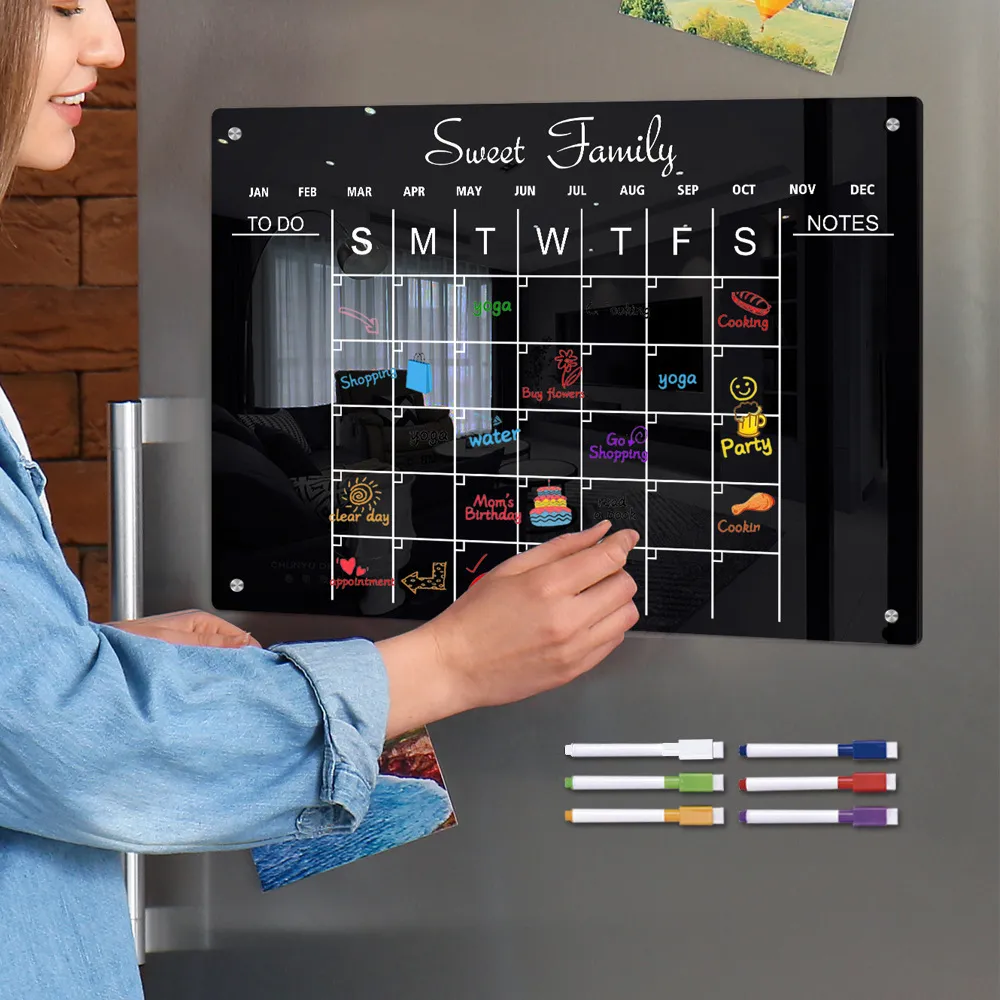Acrylic Magnetic Weekly Planner Memo Board Transparent Black Calendar For Fridge Kitchen Office And Home