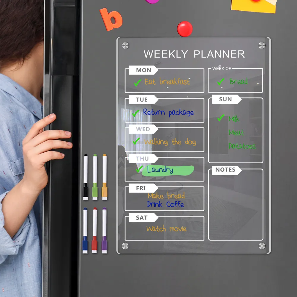Transparent Acrylic Weekly Planner Board For Refrigerators Magnetic Dry Erase Calendar Memo Board With Marker Pens For Daily Schedule