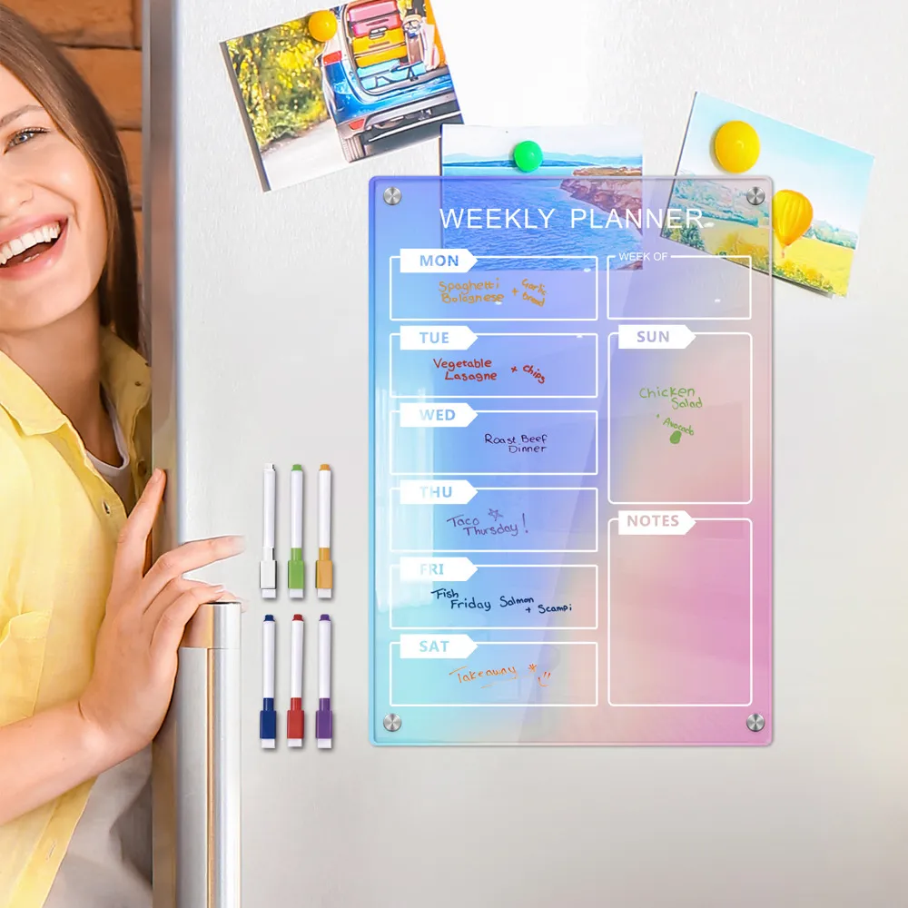 Iridescent Acrylic Weekly Planner Magnetic Refrigerator Memo Board Dry Erase Calendar Board For Home Office Wall Decor