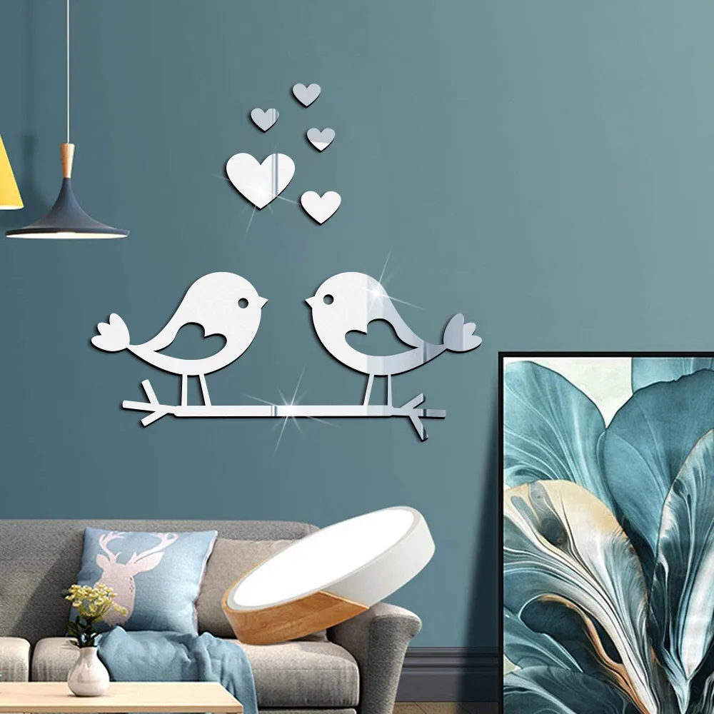 Valentine Acrylic Mirror Wall Sticker Bird Heart Love Home Decor Removable Art Mural DIY Wallpaper Decals For Living Room