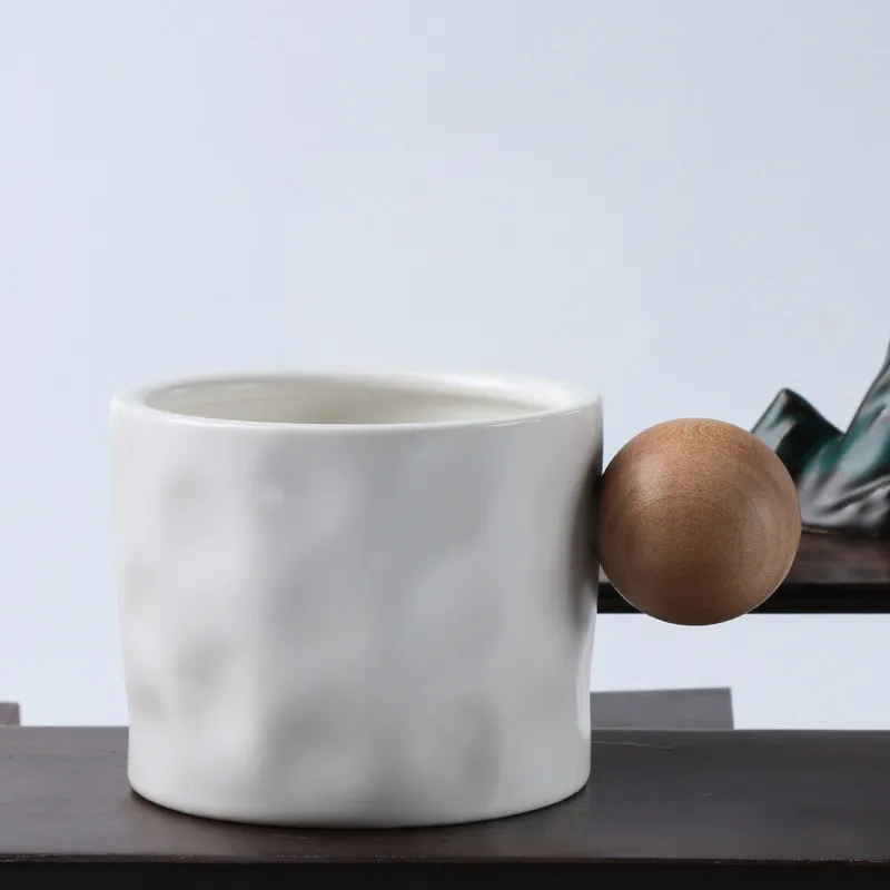 Minimalist Nordic Ceramic Mug With Wooden Ball Handle Hammered Coffee Cup