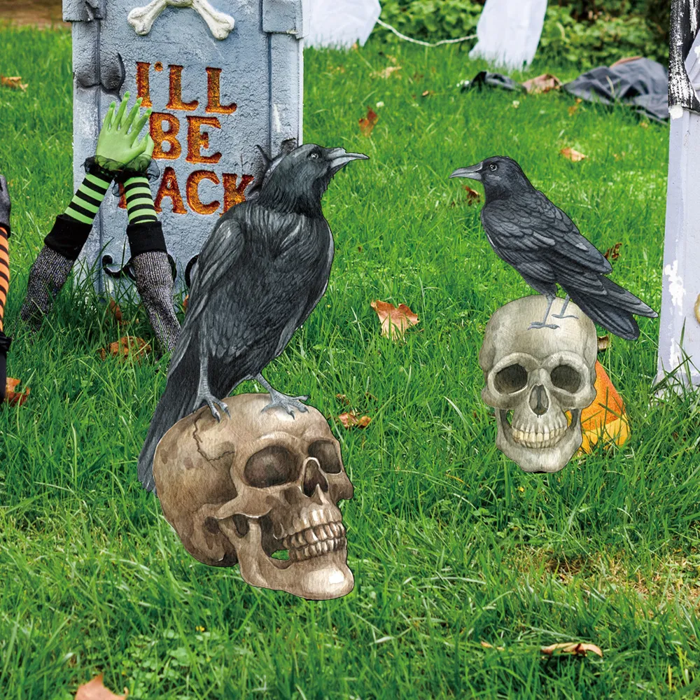 Halloween Retro Cráneo Cuervo Estaca de Jardín Acrílico Impresión a Doble Cara Césped Fiesta Exterior Accesorio Decorativo