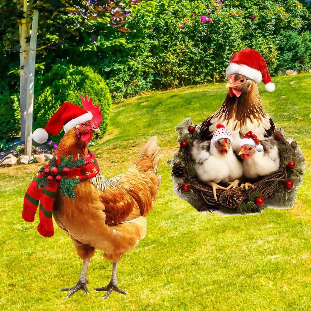 Paletto da Giardino a Forma di Pollo di Natale in Metallo Arte da Cortile in Ferro Decorazione per Prato Esterno