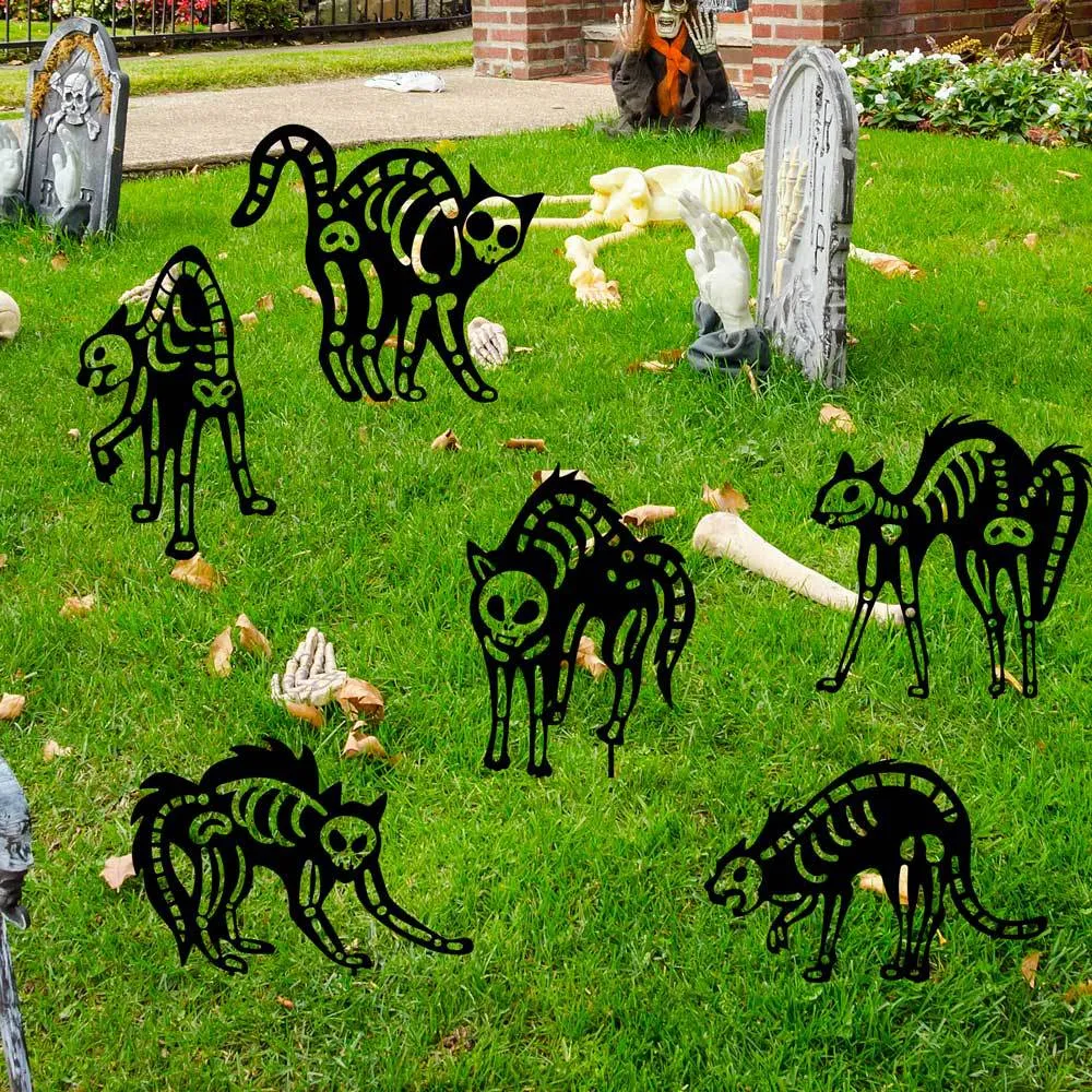 Halloween Gato Esqueleto Estaca de Jardín de Metal Negro Hueco Patio Césped Exterior Letrero Decorativo Adorno de Fiesta Terrorífica