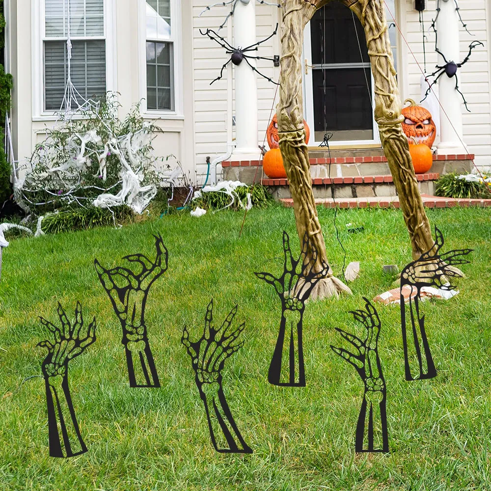 Halloween Mano de Esqueleto Estacas de Metal para Suelo Silueta Negra Arte de Hierro Patio Jardín Césped Exterior Siniestro Fiesta Decoración Accesorios
