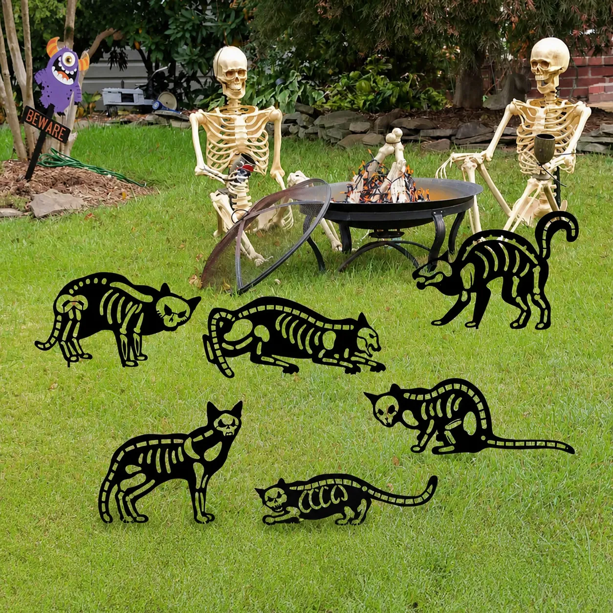Halloween Chat Squelette Piquet de Terre en Métal Art en Fer Jardin Extérieur Cour Fête Décoration