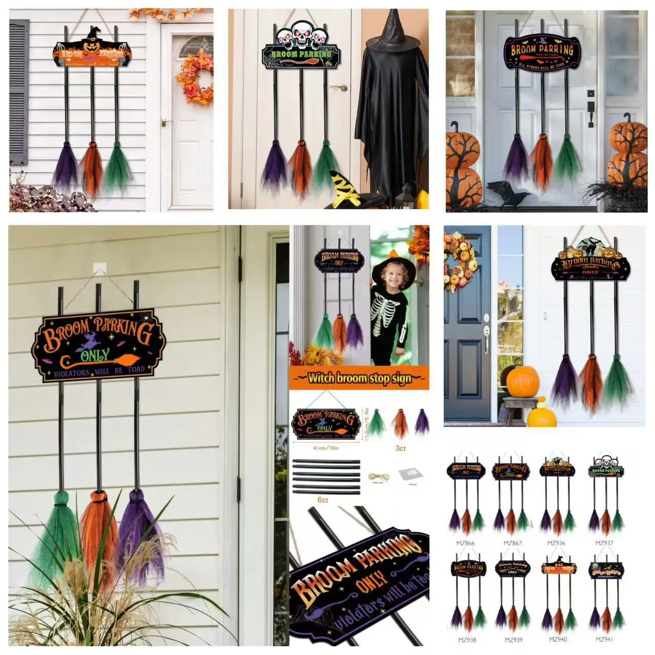 Halloween Witch Broom Parking Sign Hanging Wooden Pendant Horror Party Home Wall Door Indoor Outdoor Festival Decoration