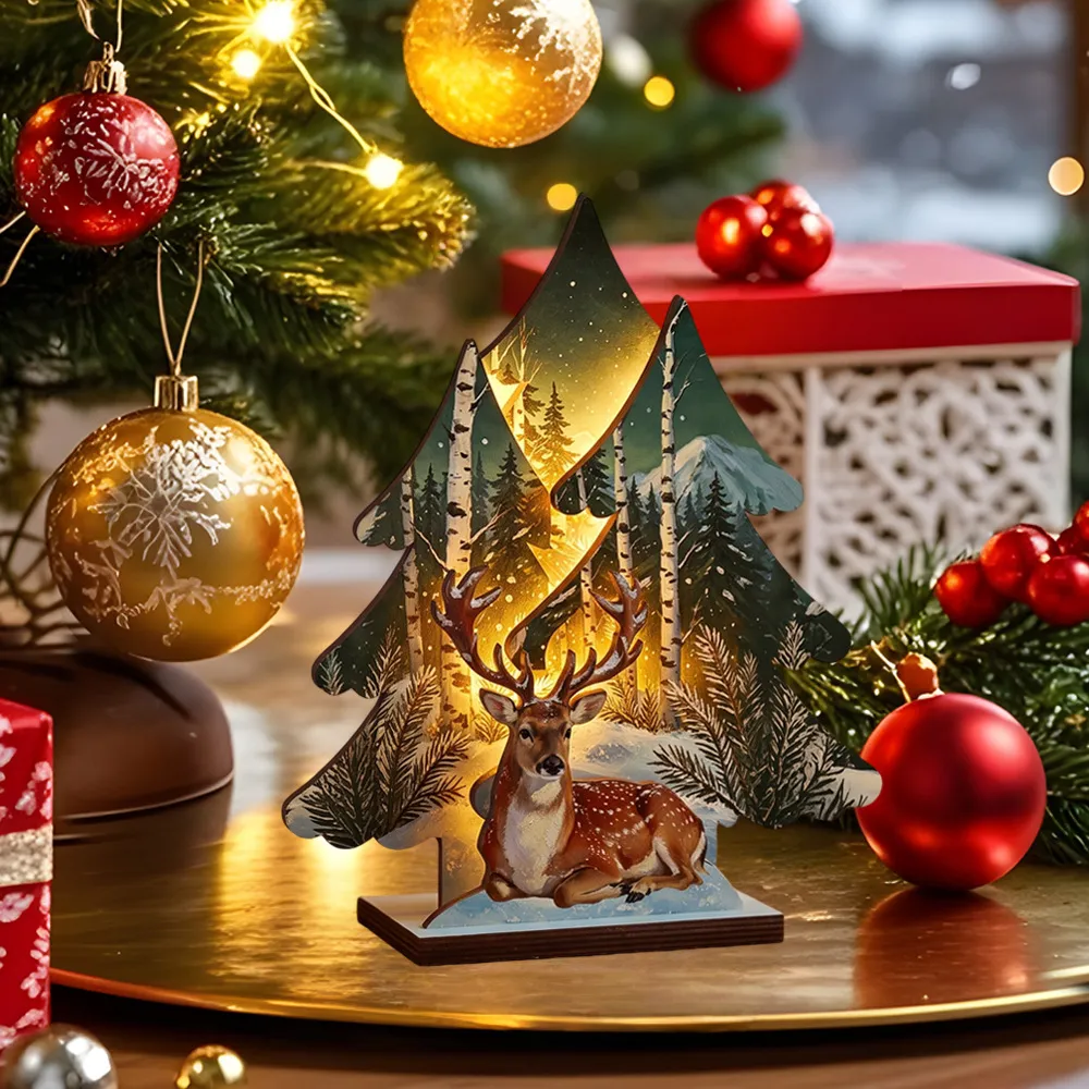 Adorno Luminoso de Mesa de Árbol de Navidad de Madera Tallado Hueco Alce Escena de Nieve Decoración de Escritorio Luz LED
