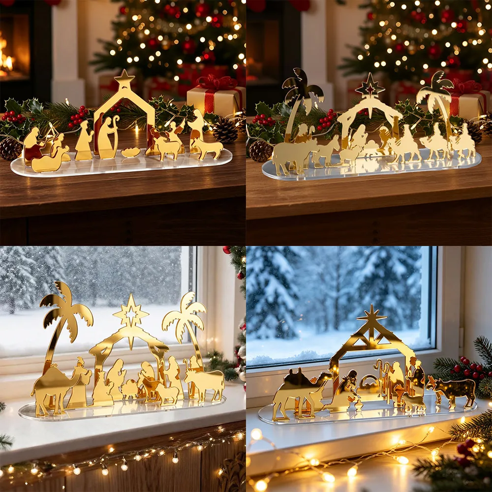 Noël Scène de Nativité Acrylique Décoratif Ornement Or Miroir Bureau Artisanat Présentoir Maison Vacances Fête Décor
