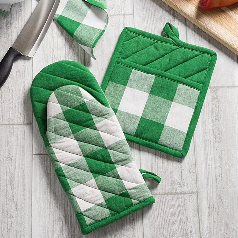 Cotton Plaid Heat Resistant Oven Mitts And Potholders Thickened Non Slip Baking Microwave Insulation Pad Kitchen Cooking