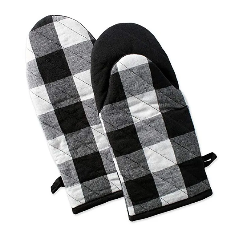 Cotton Kitchen Oven Mitts And Pot Holders Thickened Heat Resistant Plaid Baking Gloves For Cooking Daily Use