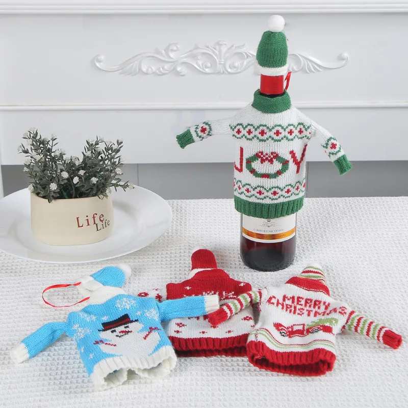 Housse de Bouteille de Vin de Noël Tricotée Mignon Bonhomme de Neige Flocon de Neige Voiture Fête de Vacances Décoration
