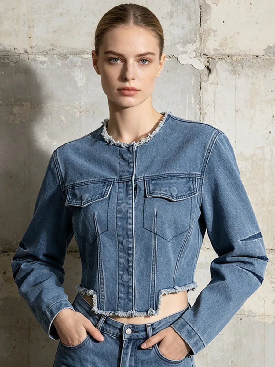 Damen Vintage Distressed Denim Jacke Kurz Crop Top Slim Fit Washed Blue Jean Mantel Raw Hem Langarm Streetwear Oberbekleidung