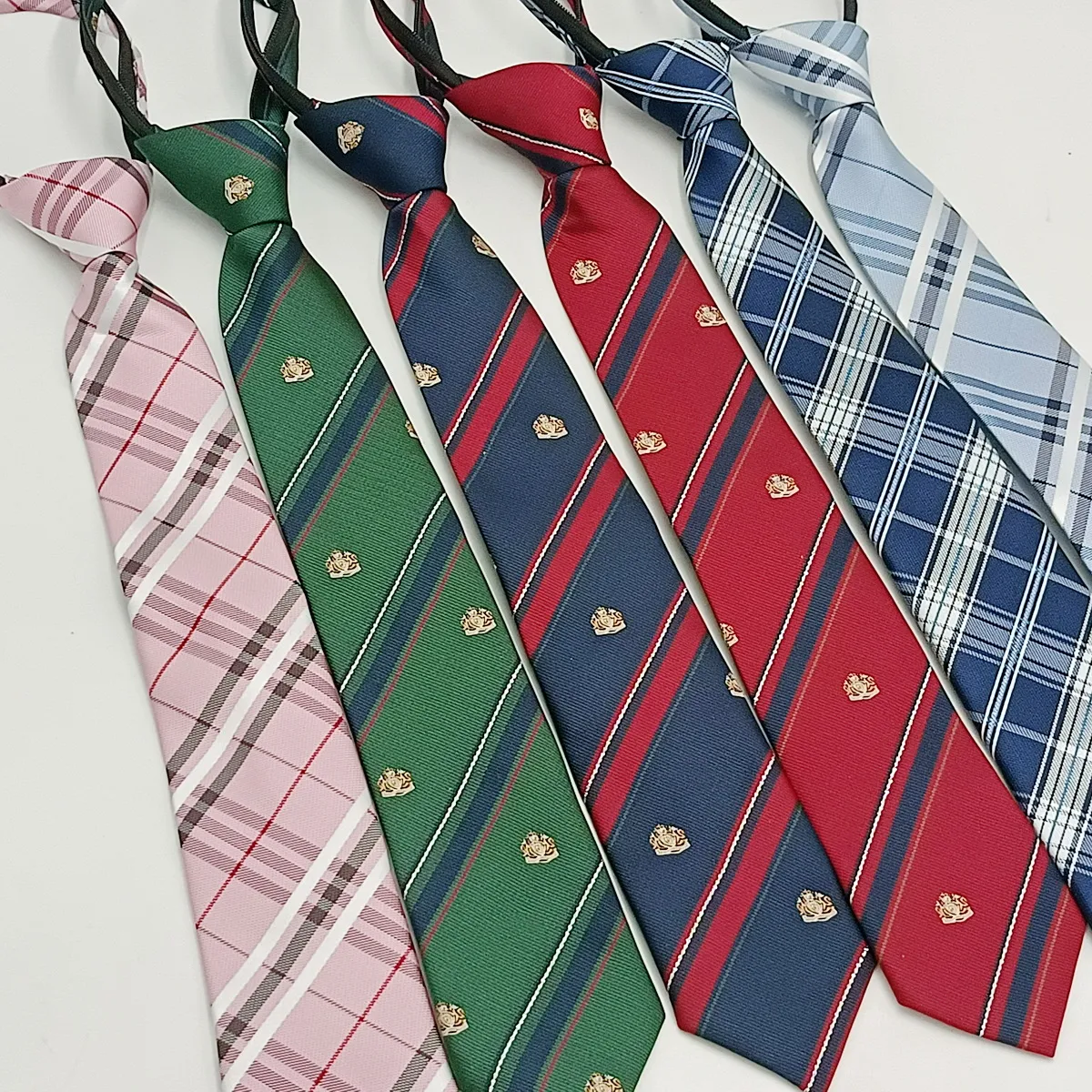 Unisex College Style Zipper Necktie Polyester Plaid Striped Lazy Pre-Tied Tie Student School Uniform