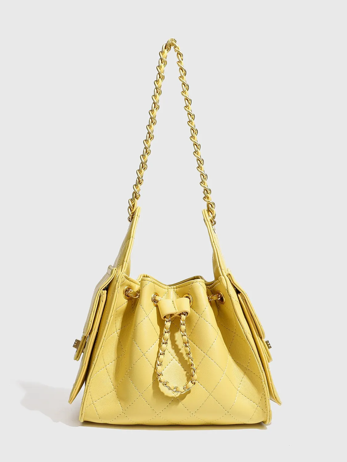Women's Quilted Chain Bucket Bag Luxury Designer Style PU Leather Shoulder Bag Retro Commuter Handbag