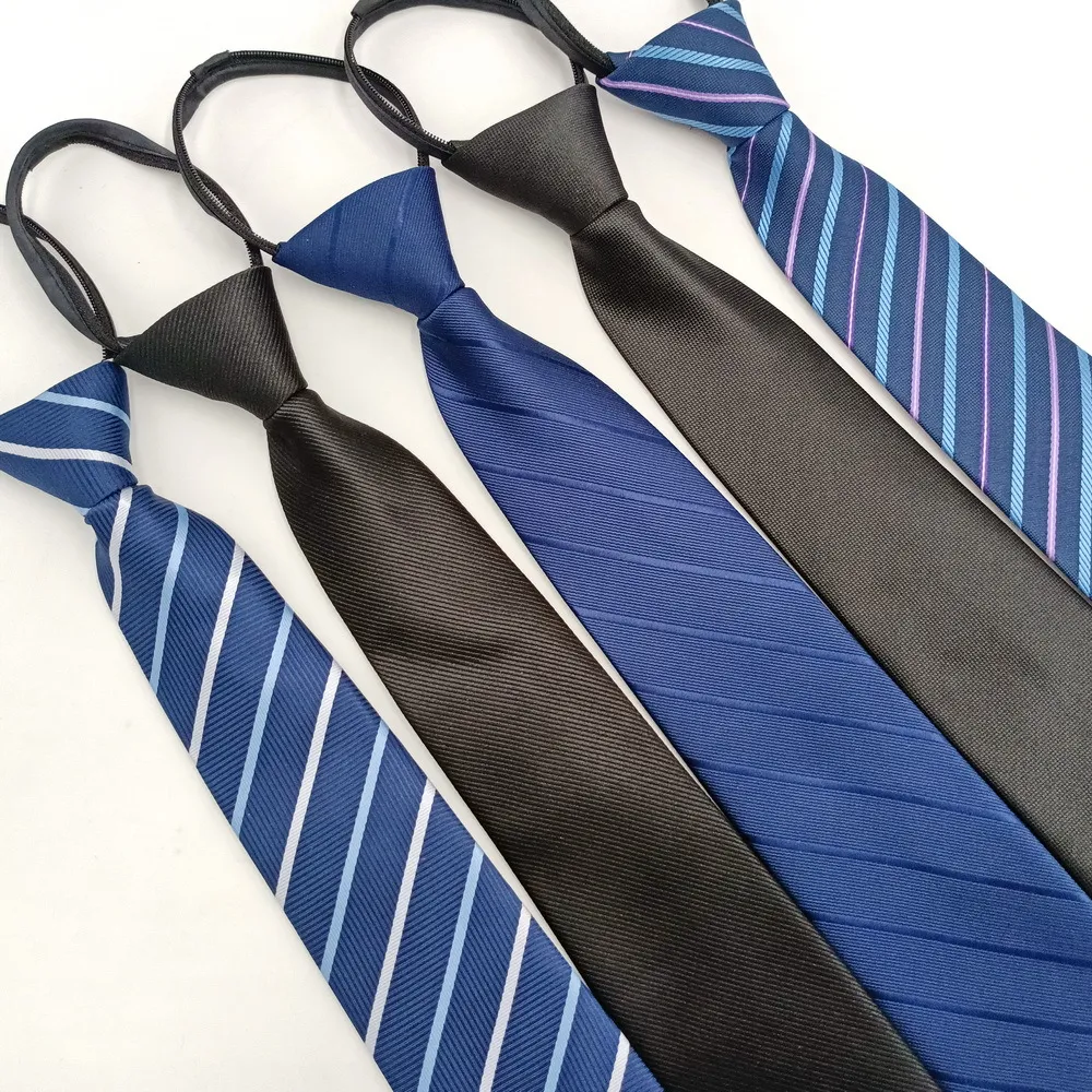 Men's Business Zipper Tie Striped Jacquard Polyester Necktie Convenient Easy Pull Fastened Formal Office Neck Wear