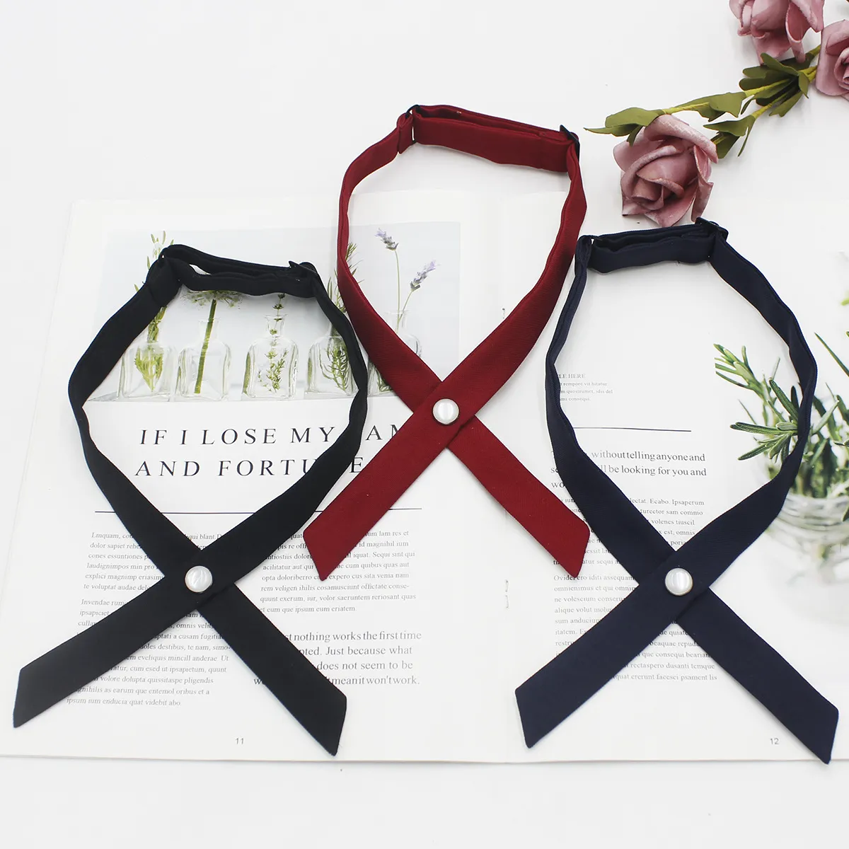 Preppy Style Cross Bow Tie Women JK Uniform Collar Accessory Solid Color Polyester Silk Bowtie With Pearl Rivet Button