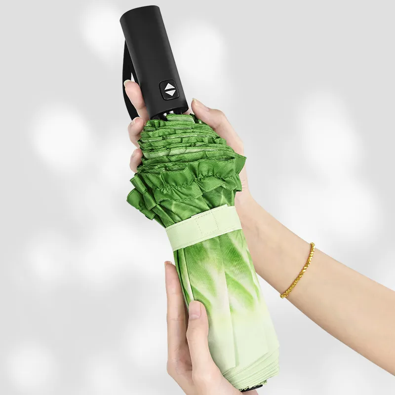 Creative Cabbage Shaped Fully Automatic Folding Umbrella Ruffle Edge Pongee Fabric Iron Frame Sun Rain Umbrella For Adults Gift