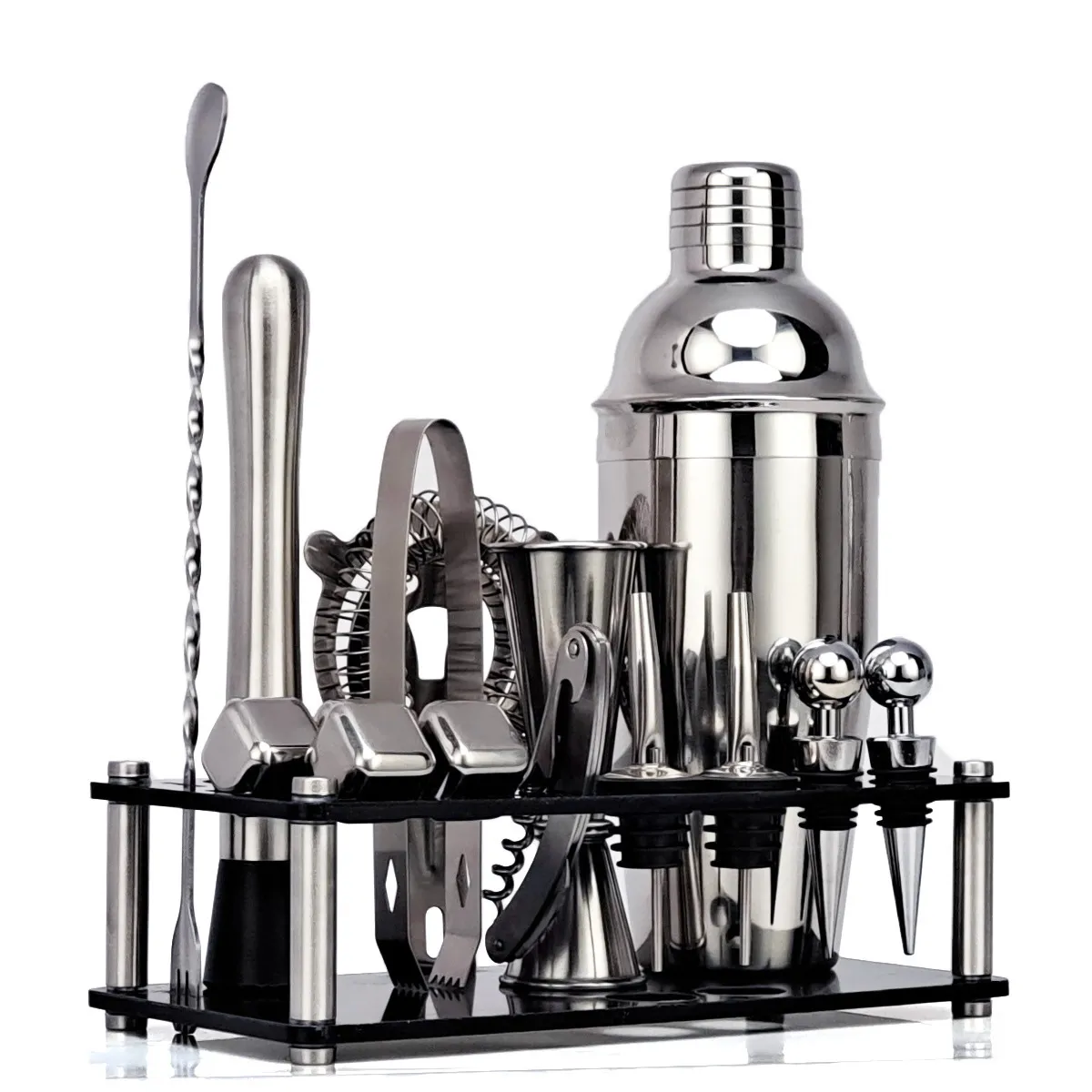Set de Coctelera de Acero Inoxidable Kit de Herramientas de Bar con Soporte de Acrílico Kit Profesional de Bartender