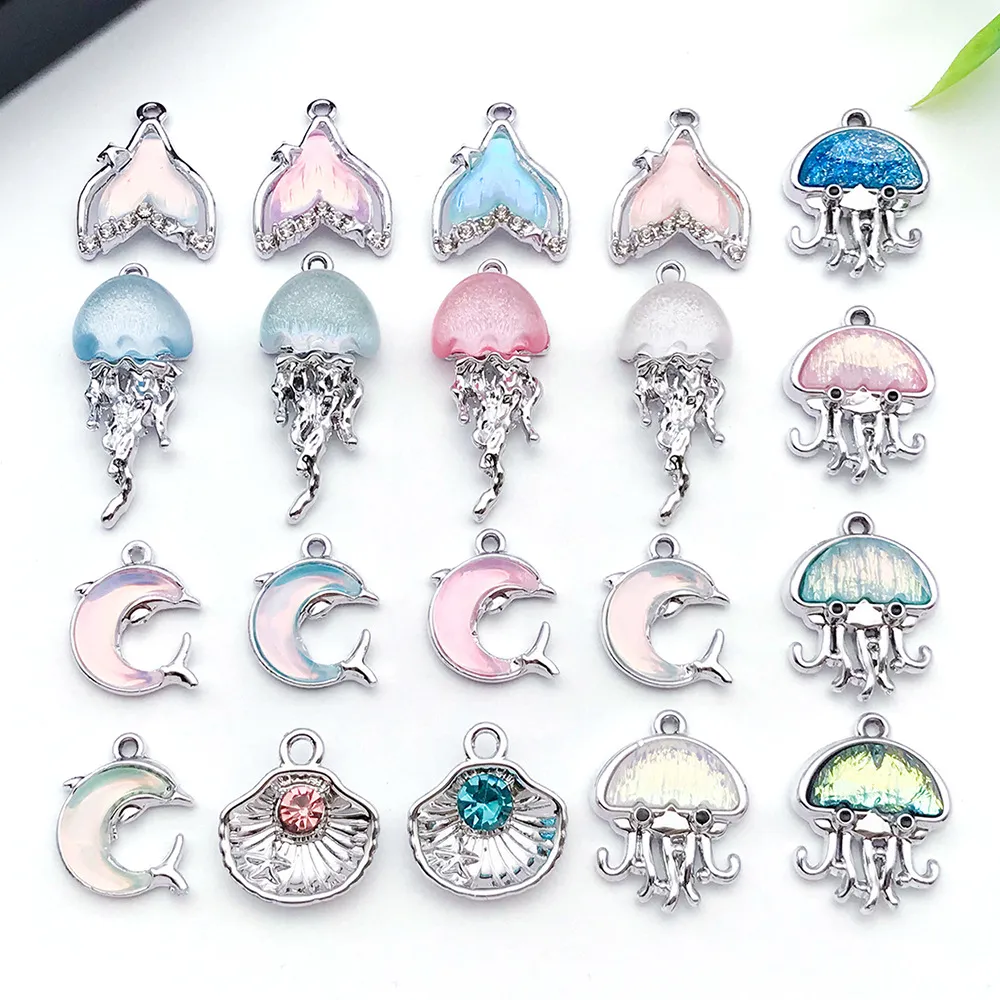 Legierung Ozean Thema Charms Gemischt Meerestier Qualle Delfin Seestern Fischschwanz Strass Anhänger Charms Für Handgefertigte DIY Schmuckherstellung Ohrringe Halskette Schlüsselanhänger