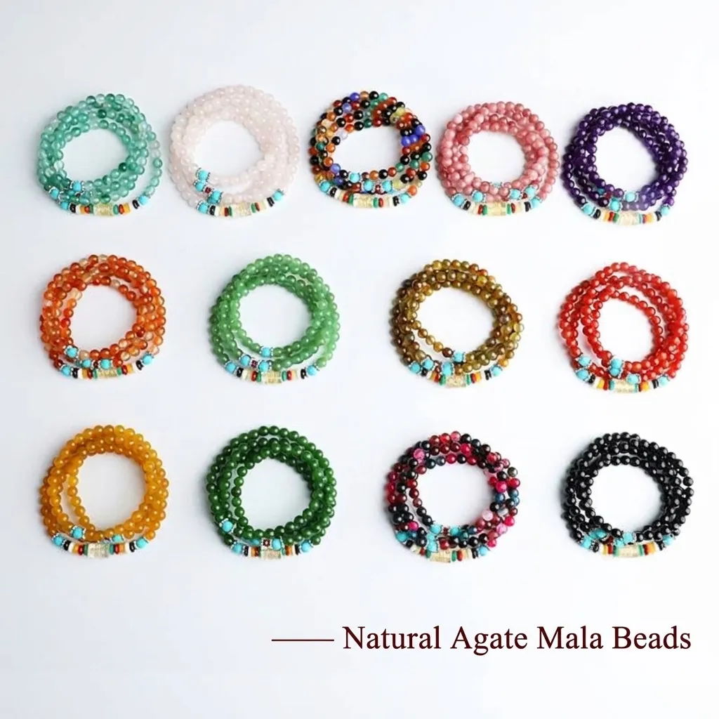 Bracciale Retrò in Agata Naturale con Perle da Preghiera Buddista per Donna Gioielli per Meditazione Fatti a Mano Bracciale Multistrato