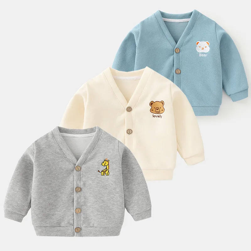 Toddler Kids Cotton Knit Cardigan Long Sleeve Sweater Jacket With Cartoon Animal Embroidery Wooden Buttons Casual Outerwear Top