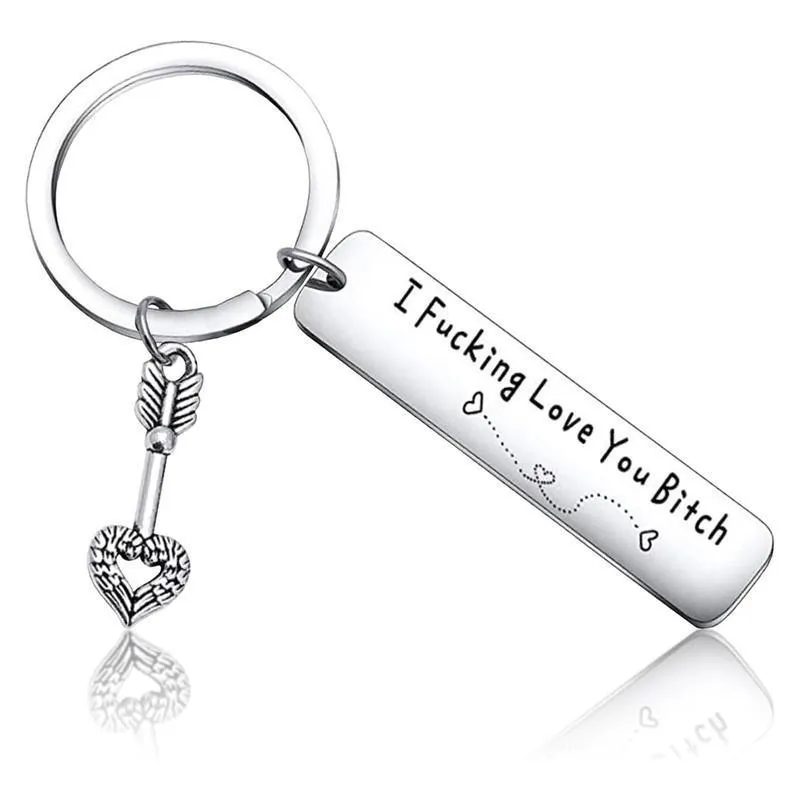 Fashion Stainless Steel Engraved Bar Keychain With Arrow Angel Wings Heart Pendant Funny Novelty Metal Key Ring Gift For Couples Friends