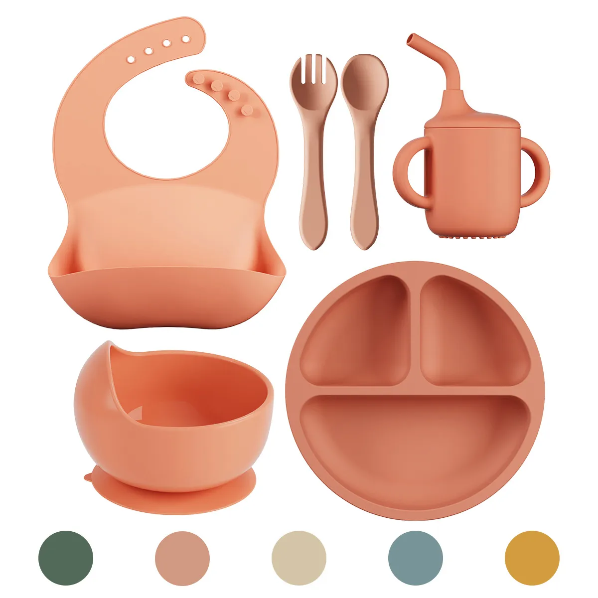 6-Piece Silicone Baby Feeding Set Includes Suction Bowl Divided Plate Bib Sippy Cup Spoon And Fork For Toddlers Self-Feeding Training Tableware Set