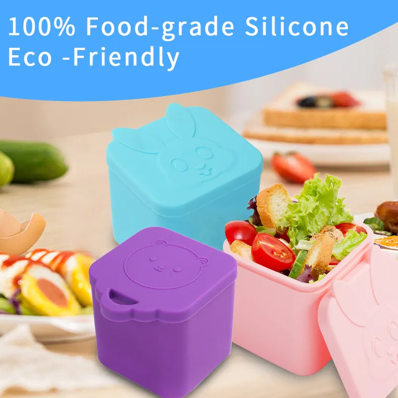 Contenant de Vinaigrette en Silicone Portable Boîte à Déjeuner Carrée Antifuite Mignon Ours Lapin Gaufré Bol de Stockage de Nourriture Pour Enfants