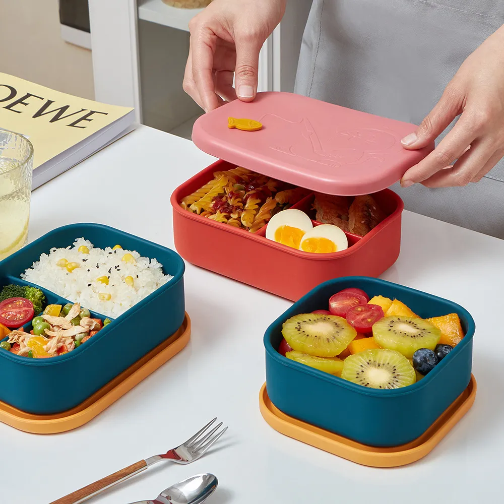 Boîte à Lunch en Silicone Chat de Dessin Animé Boîte de Conservation Compatible Microondes Avec Couvercle Bento Box Pour Bureau École Adultes
