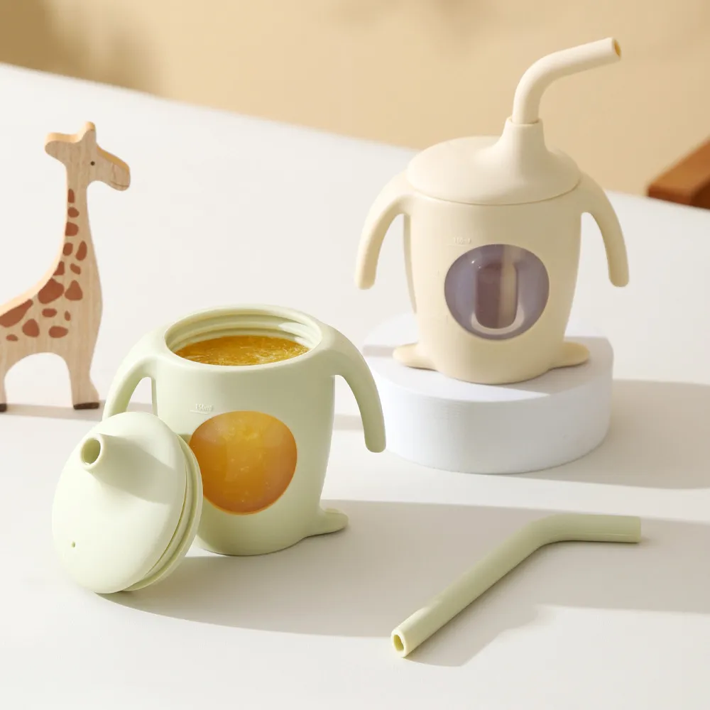 Baby Silikon Strohhalmbecher Mit Griffen Cartoon Pinguin Trinklernbecher Auslaufsichere Saft Trinkflasche Für Kleinkinder