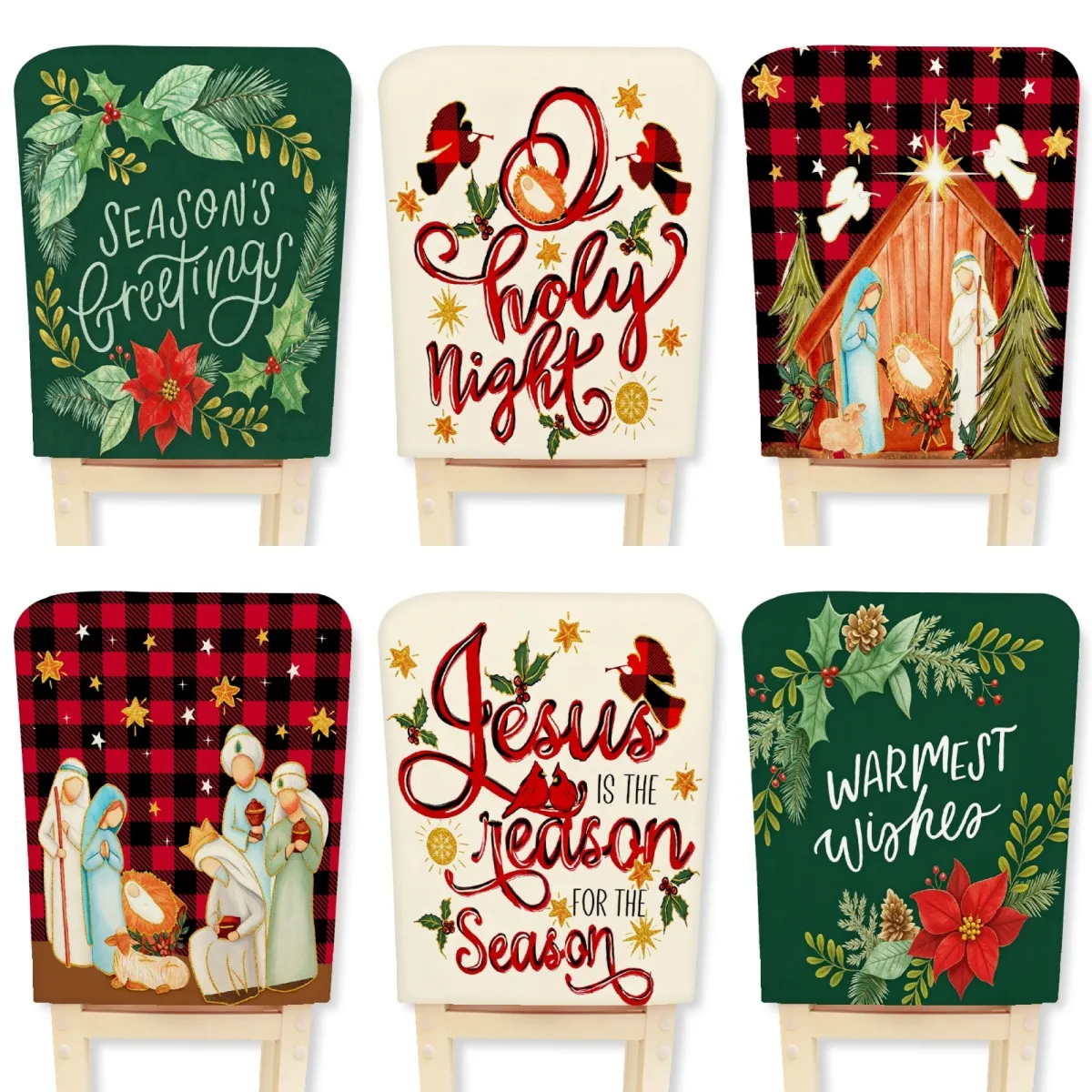 Christmas Chair Cover Red Black Plaid Nativity Scene Holly Printed Elastic Dining Room Chair Slipcover Festive Home Decor
