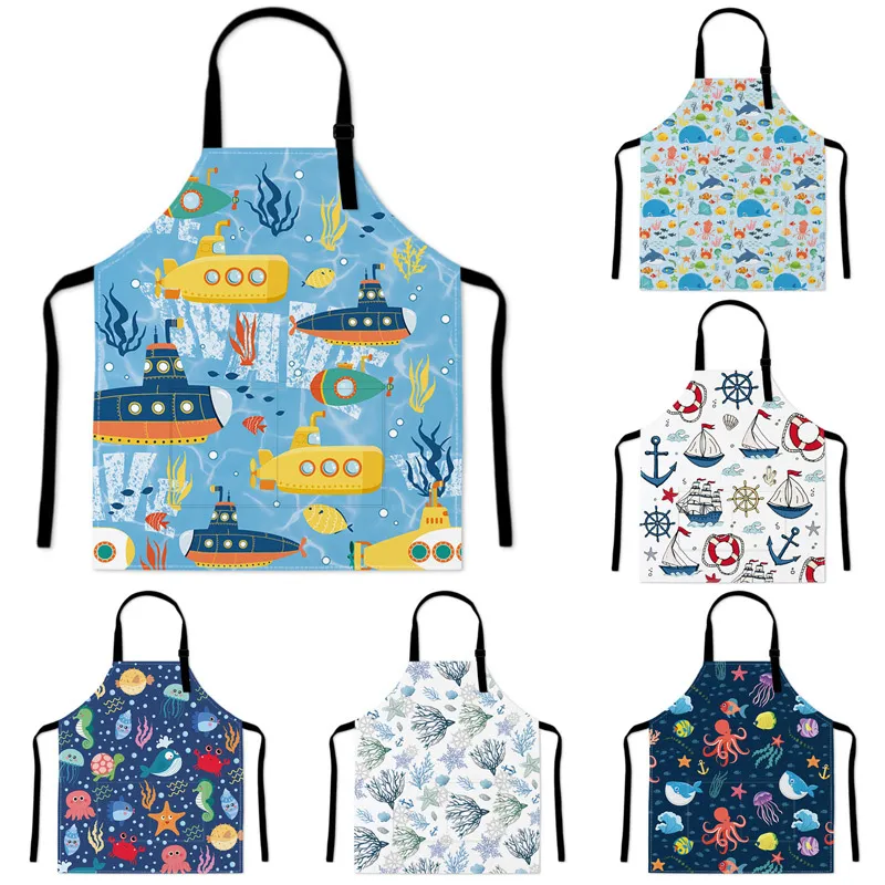 Cartoon Marine Print Kitchen Apron Polyester Double Pockets Adjustable Buckle Chef Cooking Aprons For Adult Kids