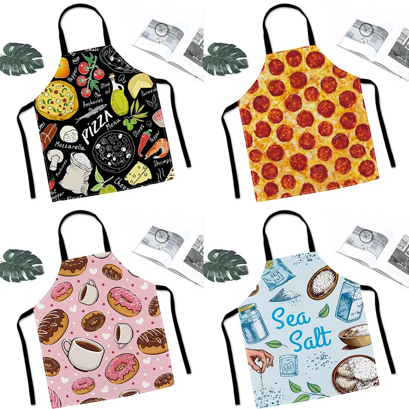 Cartoon Fast Food Pizza Pattern Linen Apron Household Kitchen Cooking Baking Chef Apron For Family Adult Kids