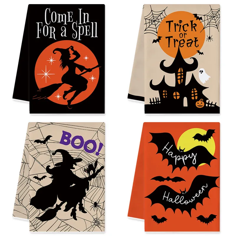 Halloween Kitchen Dish Towel Microfiber Absorbent Cleaning Cloth Funny Witch Bat Pumpkin Print Holiday Party Table Decor Towel