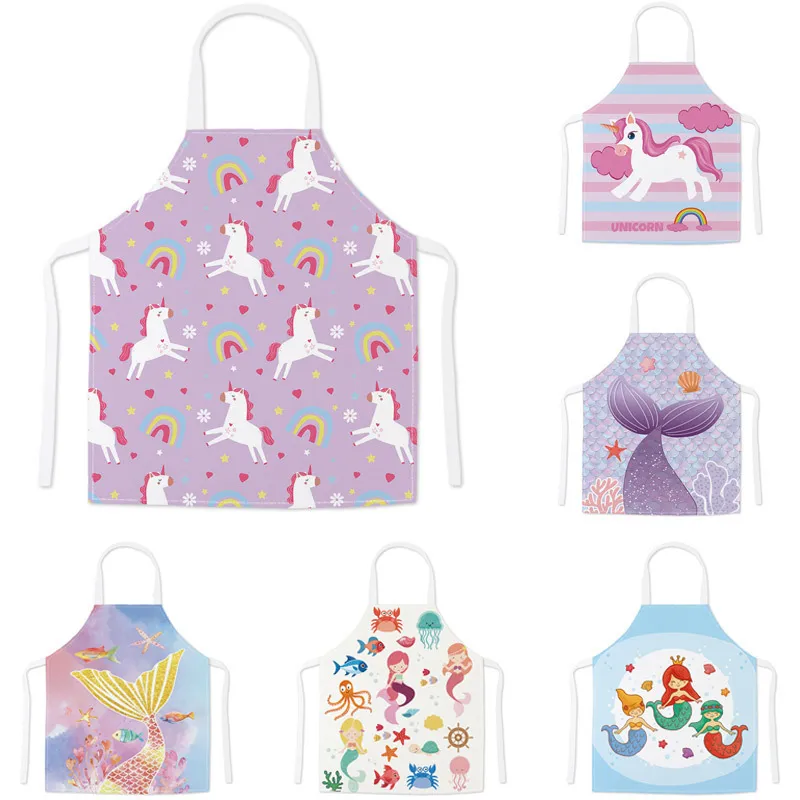 Waterproof Kitchen Apron Unicorn Mermaid Print Sleeveless Cooking Apron For Adults And Kids