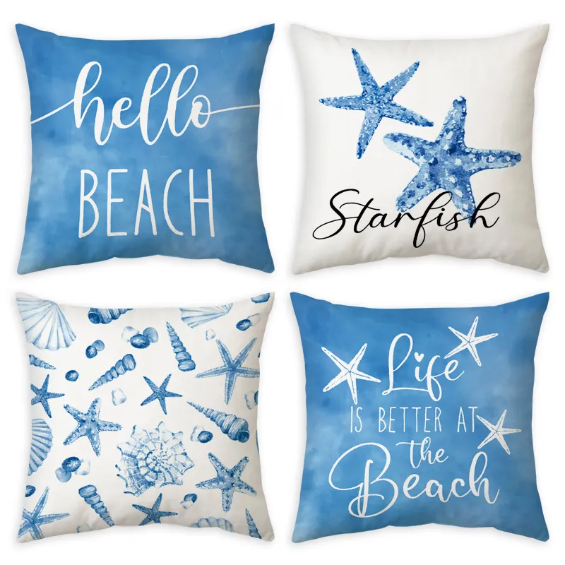 Fodera per Cuscino Decorativa in Velluto Pelle di Pesca Vita Marina Costiera Conchiglie Stella Marina Blu