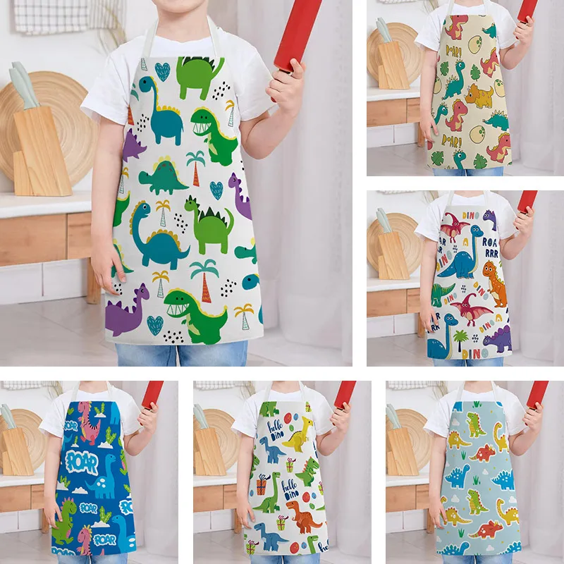 Cartoon Dinosaur Pattern Kitchen Apron Linen Anti-Stain Cooking Sleeveless Bib