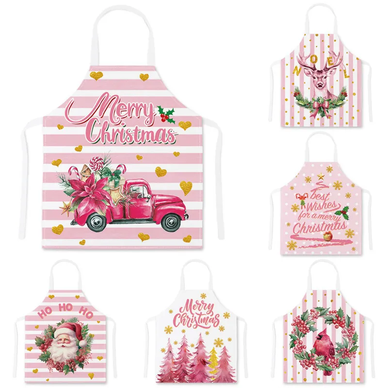 Christmas Linen Apron Sleeveless Kitchen Cooking Stain Resistant Festive Pattern Apron For Women Men