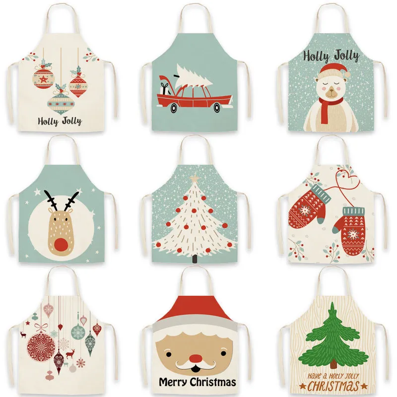 Christmas Pattern Printed Polyester Apron Festive Adult Children Coverall Bib Kitchen Cooking Baking Household Cleaning Home Decor