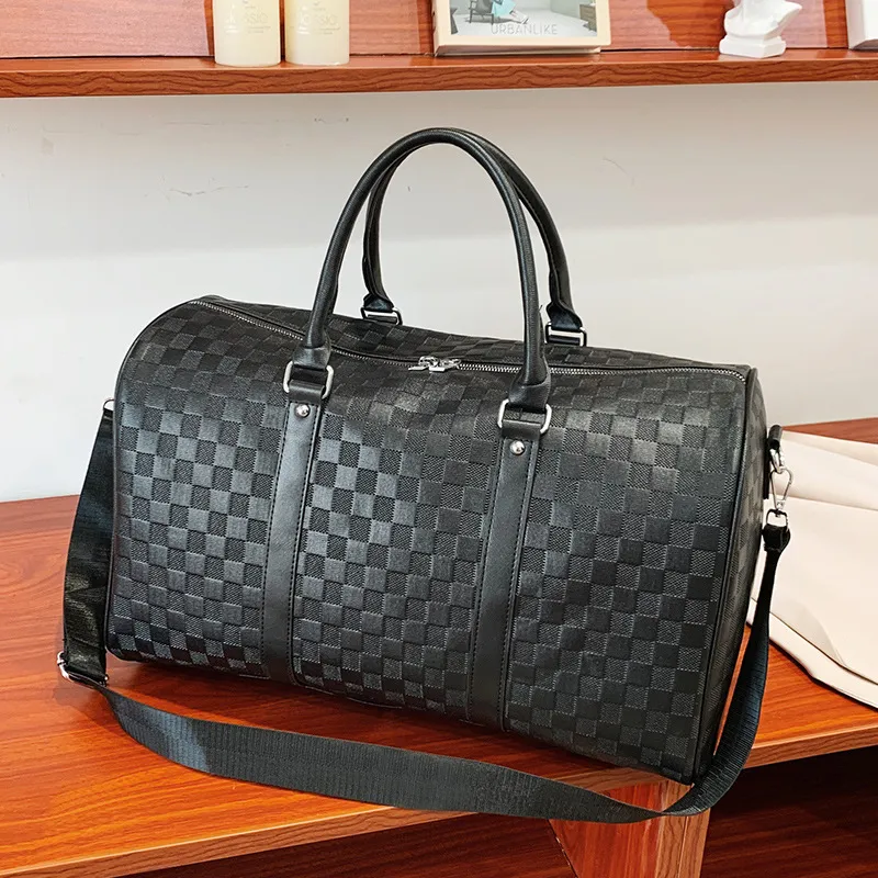 Unisex PU Leder Karo Geprägt Reisetasche Große Kapazität Wasserdichte Duffel Bag Tragbare Sport Fitness Gepäcktasche