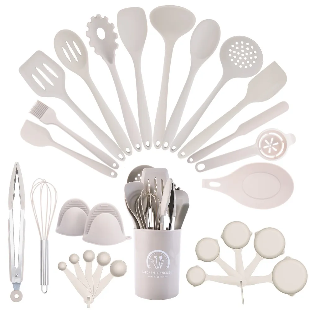 Heat Resistant Silicone Stainless Steel Kitchen Utensils Storage Bucket Nonstick Cooking Spoon Spatula Turner Tongs Whisk Tools