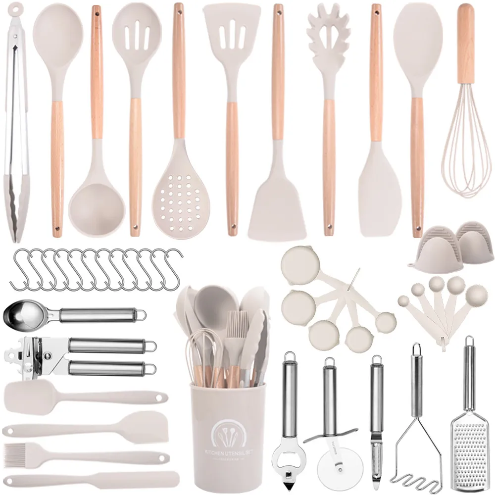 Modern Heat Resistant Silicone Kitchen Utensil Set With Beechwood Handle Non-Stick Cooking Spoon Spatula Turner Gadgets For Kitchen Daily Chef Unisex Gift