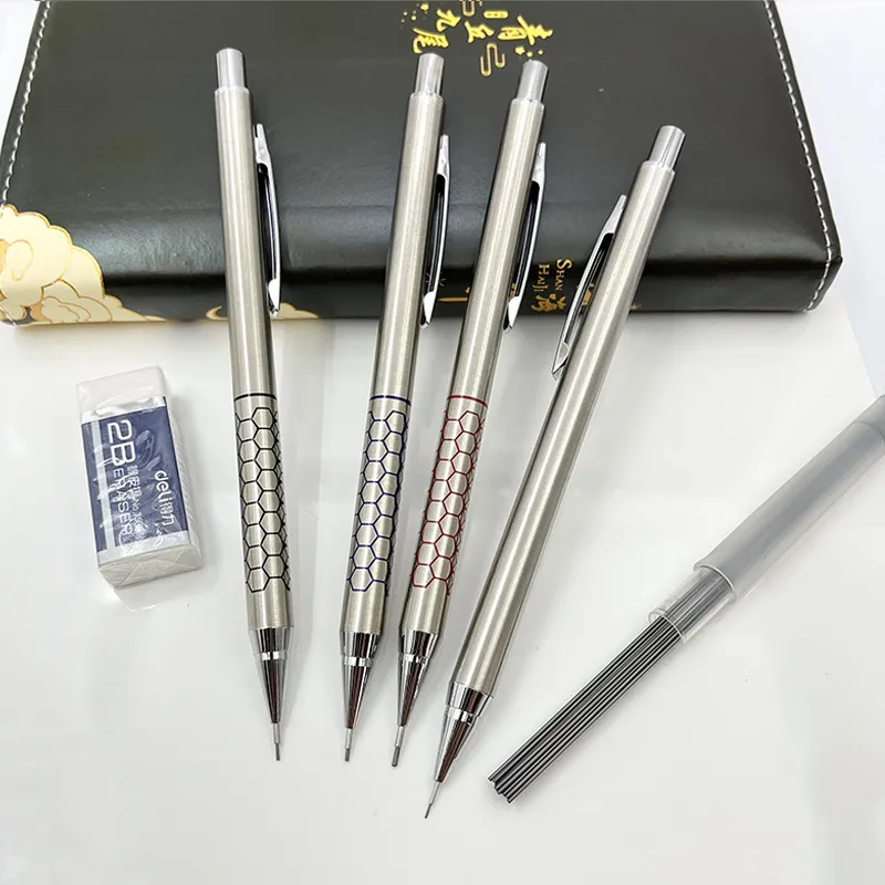 Edelstahl Druckbleistift Metall Entwurf Zeichenstift Mit Verstecktem Radiergummi Schüler Schreiben Bürobedarf